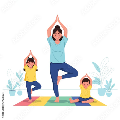 A happy family, a mother and two children, practicing yoga together on a colorful mat, promoting wellness and healthy lifestyle.