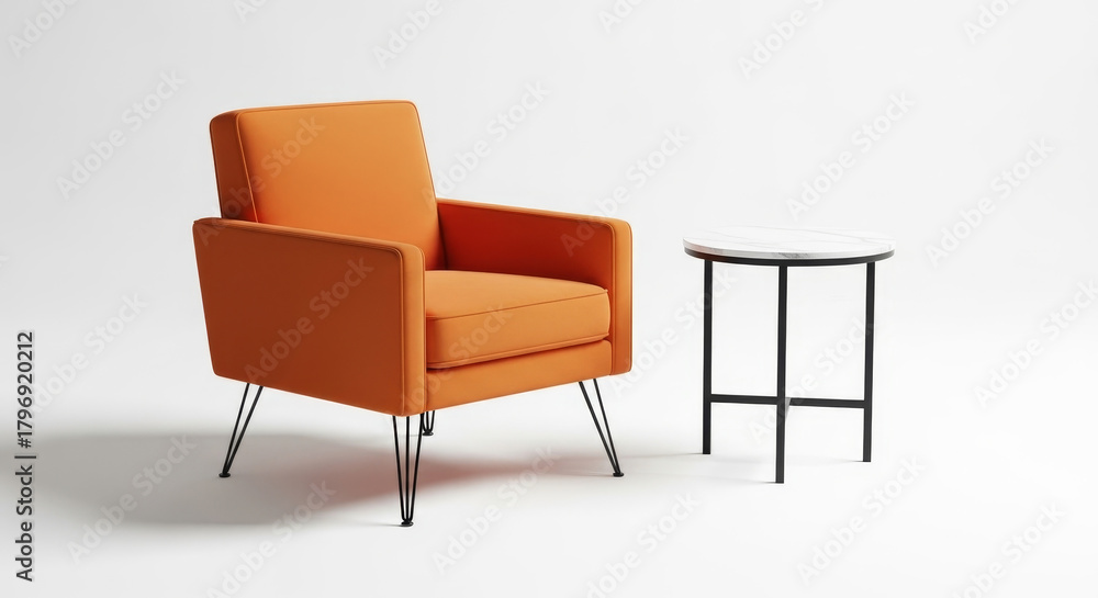 Fototapeta premium Modern Orange Armchair and Marble Side Table on a Clean White Background