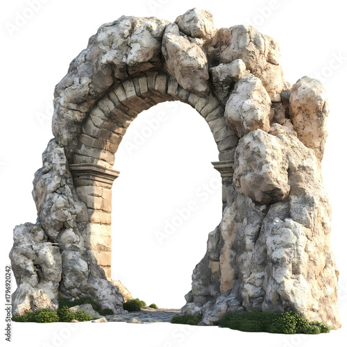 Ancient Stone Archway with Weathered Stones isolated on transparent background