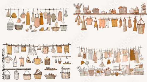 Watercolor laundry clipart with clotheslines, baskets, towels, and home goods in rustic neutrals. Ideal for farmhouse branding, nursery art, planners, and printable crafts.
