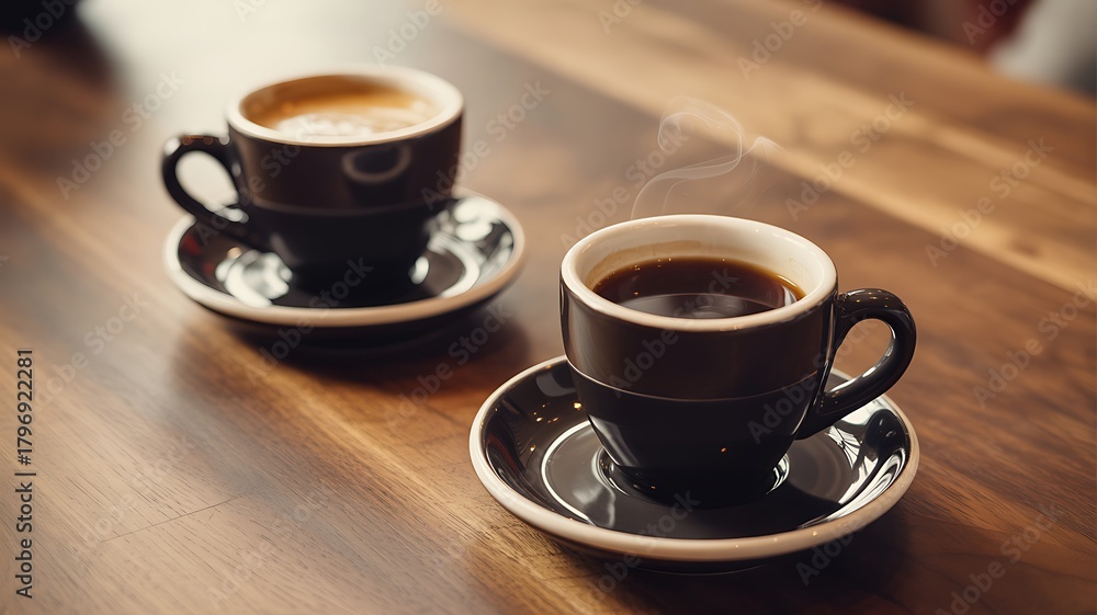 Fototapeta premium Two Cups of Hot Coffee on a Wooden Table