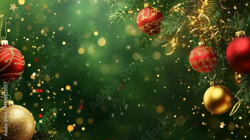 Colorful Christmas ornaments shining on a green tree against a background of golden sparkles and fairy lights. Seasonal holiday decoration for parties and festivities.