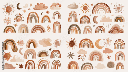 Watercolor boho rainbows with clouds, suns, moons, and stars in warm neutral palettes. Cute nursery clipart for invitations, wall art, stickers, and playful children’s designs.