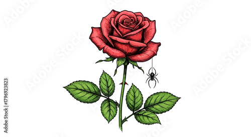 Detailed illustration of a red rose with a hanging spider creating an unusual contrast