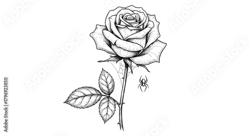 Detailed rose illustration with spider web adding intrigue to this floral art