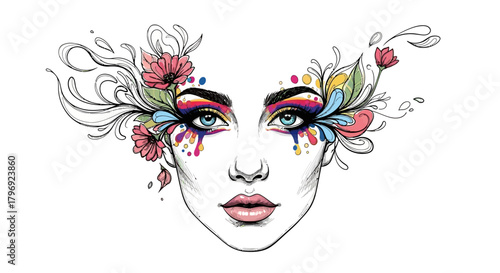 Fantastical floral beauty with colorful makeup, a stylized ethereal portrait that captures