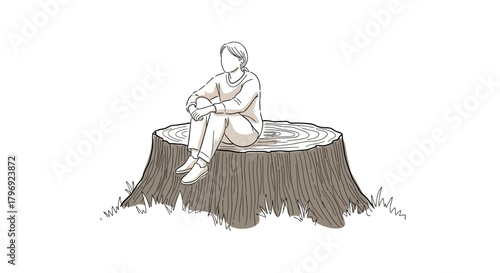 Solitude on a Tree Stump Hand-Drawn Illustration with Muted Palette and Simple Design Aesthetic