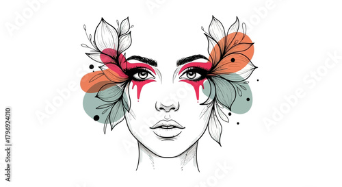 Whimsical portrait with floral embellishments and bright eye makeup creating surreal artistry