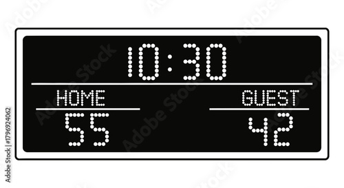 Digital scoreboard displaying 1030 time with home team scoring 55 points and guest team scoring 42 points, representing a sports competition result