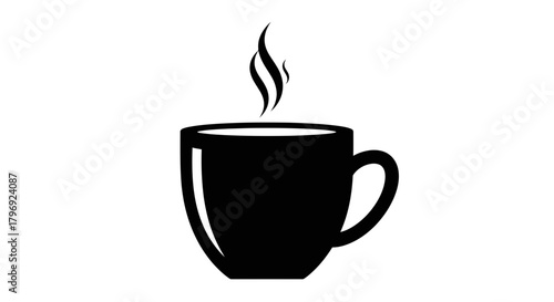 A steaming black mug filled with a hot beverage, releasing a gentle plume of vapor, symbolizing warmth and comfort in a simple graphic illustration