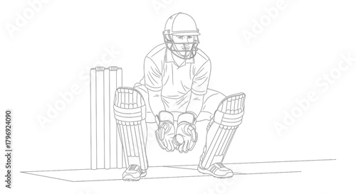 Line drawing of a cricket wicket keeper in a ready stance behind the stumps, a minimalist vector graphic capturing the focused player in action