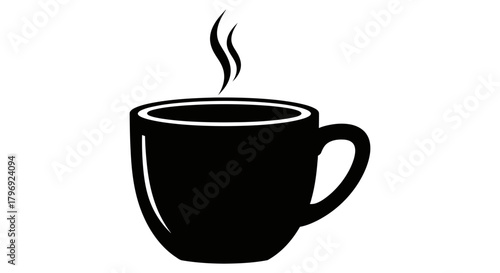 A black silhouette of a steaming coffee cup, representing a warm beverage, perfect for morning routines or relaxation, symbolizing comfort and energy