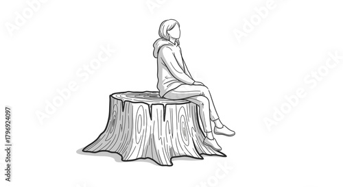 Contemplative figure sitting on a tree stump in black and white line art isolated with serenity