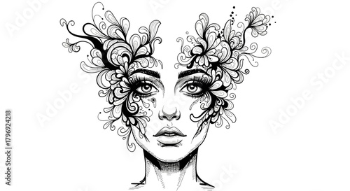 Detailed ink illustration of a woman's face adorned with floral and ornamental elements