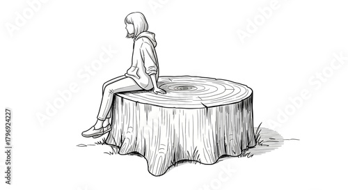 Solitary contemplation: a girl sits on a tree stump lost in thought and peaceful reflection