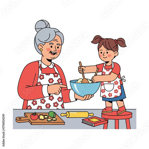 A happy grandmother and her granddaughter baking together in the kitchen, with the girl stirring ingredients in a bowl while the grandma guides her.