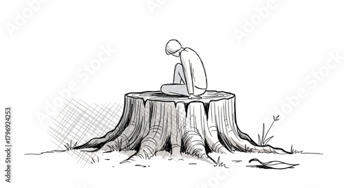 Ink sketch of a solitary figure contemplating on a tree stump representing loss and reflection