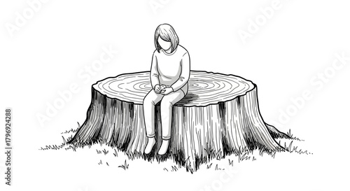 Monochrome sketch of a woman seated thoughtfully atop a large tree stump outdoors quietude