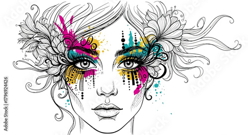Floral adorned visage with abstract splashes expressing beauty and artistic expression