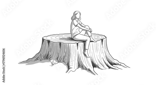 Monochrome drawing of a woman peacefully contemplating life while sitting on a tree stump