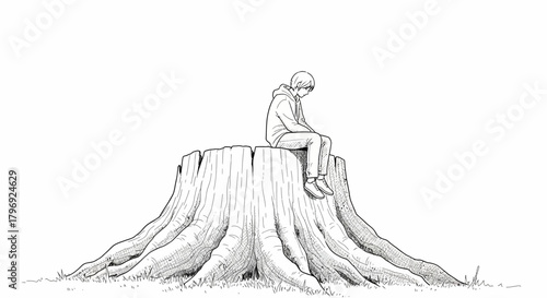 Illustration of a contemplative young man sitting alone on a decaying tree trunk