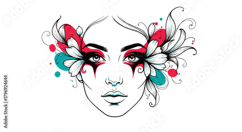 Floral Adornment and Graphic Makeup Illustration of a Young Woman's Face