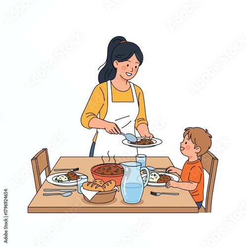 Mother serving a meal to her son at a dining table, illustrating family time and home cooking.