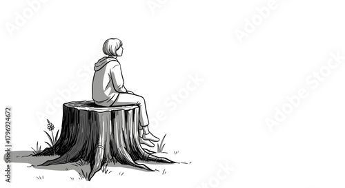 Girl sitting on tree trunk contemplating the surrounding with a contemplative mind