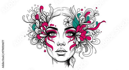 Artistic drawing of a woman's face adorned with colorful floral and ornamental motifs in a modern