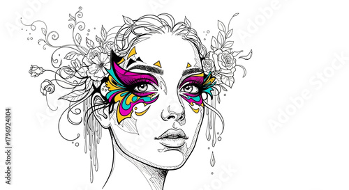 Elegant artwork featuring a woman with fantastical floral and vibrant cosmetic accents