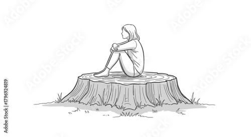 Sketch of a woman sitting contemplatively on a tree stump surrounded by grass outdoors