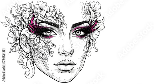 Ethereal floral beauty portrait drawing with fantasy details in black and white and magenta