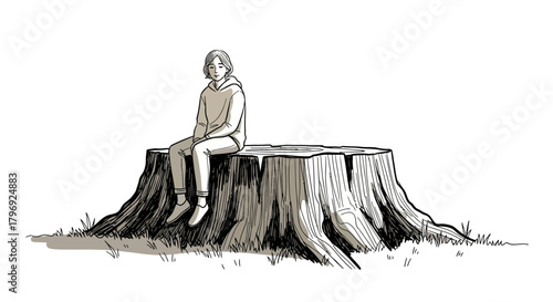 Illustration of a contemplative woman perched thoughtfully on a weathered tree stump in monochrome