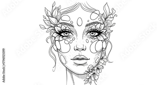 Botanical enchantment: a woman's face adorned with delicate foliage and blossoms sketch