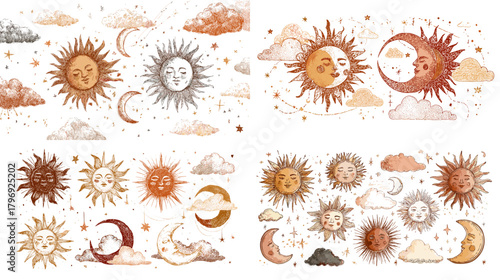 Boho watercolor celestial clipart featuring suns, moons, stars, clouds, and constellations in terracotta and gold tones. Great for mystical branding, posters, and spiritual decor.