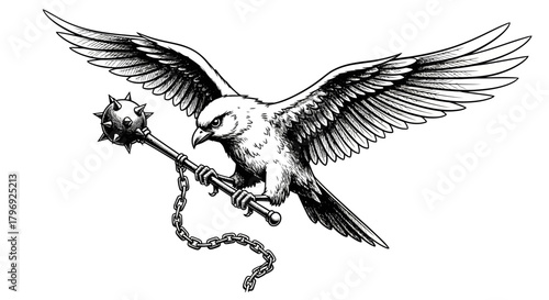 Majestic soaring eagle holding a medieval spiked mace in its claws, illustration art