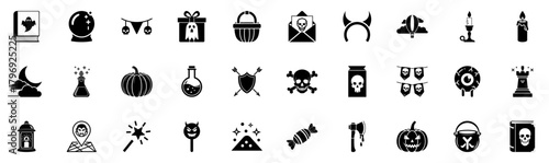 Halloween black and white glyph icon set, pumpkins, skulls, eyeballs, magic, candles, cauldron, candy, weapons, spooky holiday symbols