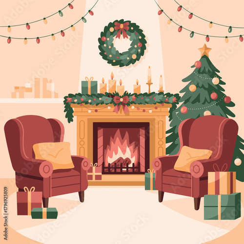 Cozy Christmas Living Room with Fireplace and Tree