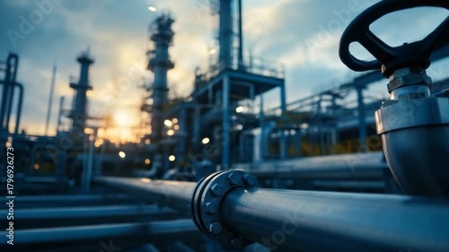 Wallpaper Mural Industrial Complex at Sunset: a striking visual of industrial complex at dusk, metal pipes and valves gleam with the setting sun Torontodigital.ca