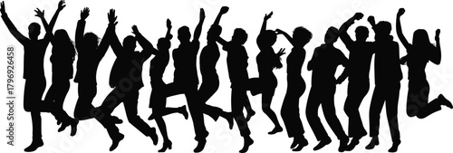 Silhouette group of happy people jumping and celebrating together, energetic crowd dance movement illustration, joyful party celebration scene artwork