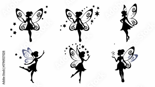 Enchanting fairy silhouettes dancing among sparkling stars, capturing magical moments for whimsical designs and fantasy themes.
