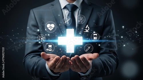 Professional presenting a radiant medical cross surrounded by health-related icons, symbolizing innovative digital healthcare solutions, global medical technology, and future wellness strategies