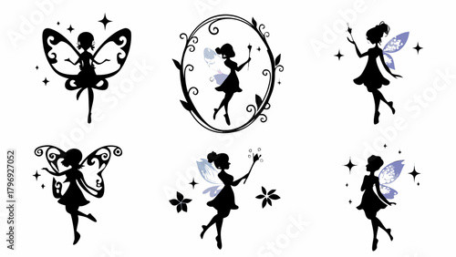 Whimsical fairy silhouettes with magical wings and wands sparkle in enchanting poses, perfect for fantasy themes