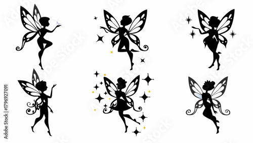 Enchanting fairy silhouettes dancing with magical stars, perfect for whimsical designs and fantasy themes