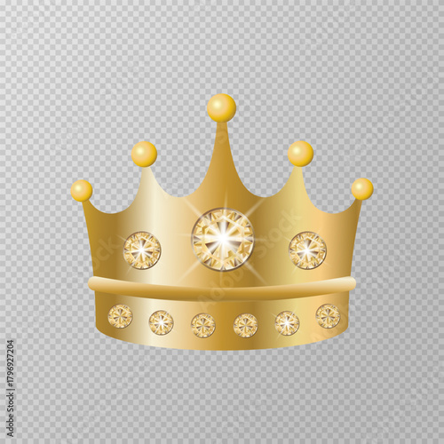 A shiny  golden crown with diamonds isolated on transparent background. Elegant design. Crown icon. Luxury logo.Royalty, luxury and prestige sign. King`s crown. Vector illustration. 