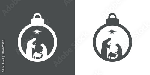 Tiempo de Navidad. Logo con silueta de bola de navidad con escena de la natividad con San José, la Virgen María y el niño Jesús con una estrella