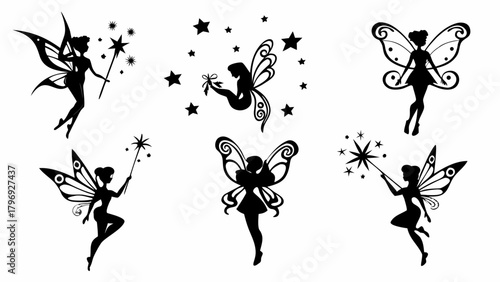 Enchanting fairy silhouettes dancing with magic wands and stars, perfect for whimsical designs and fantasy themes