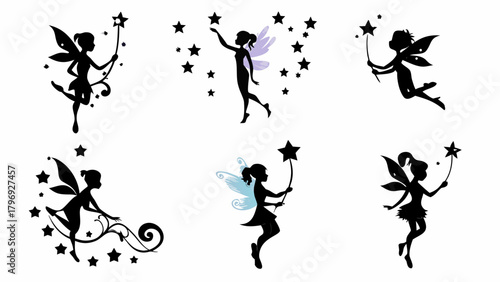 Enchanting fairy silhouettes with wands and stars bring magic to any design, perfect for whimsical projects and fantasy themes