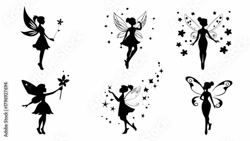 Enchanting fairy silhouettes scattered with stardust, perfect for whimsical designs and magical storytelling.