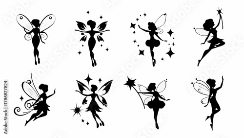 Enchanting fairy silhouettes dance with magic stars, perfect for whimsical designs and storybook illustrations bringing dreams to life.